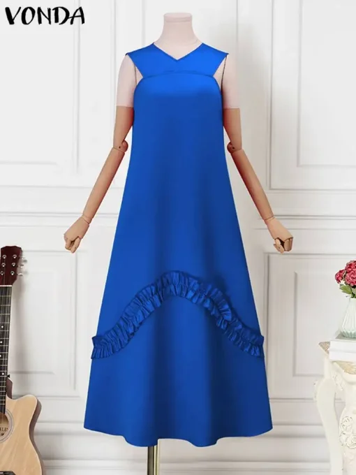 Elegant Sleeveless Satin Ruffled Maxi Wedding Party Dress - Image 2