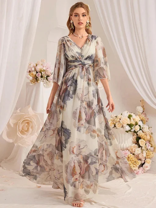 Floral Print Pleated Waist A-Line Split Sleeve Dress - Image 5