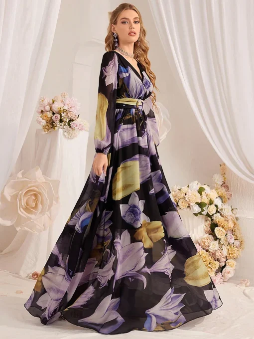 V-Neck Lantern Sleeve Floral Print Party Swing Dress - Image 4