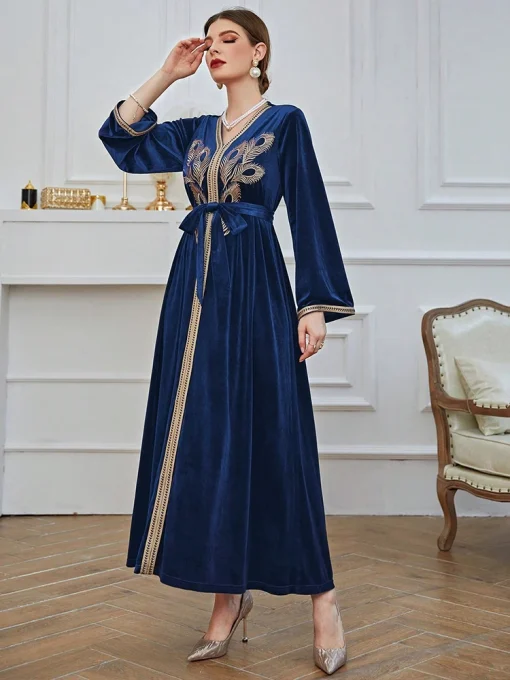 Gorgeous Navy Blue Ankle-Length Embroidered Muslim Evening Gown - Image 5