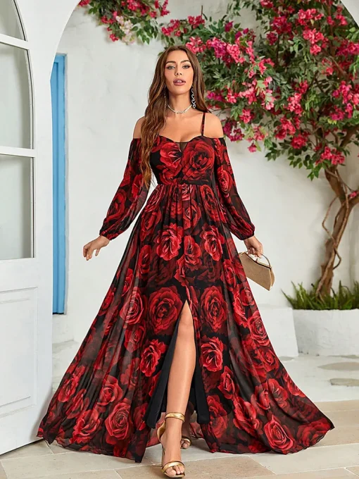 Bohemian Floral Cold Shoulder Maxi Dress with Split Thigh - Image 2