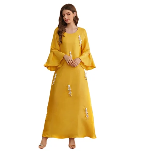 Beaded Yellow Ankle-Length Muslim Toga Dress for Women - Image 7