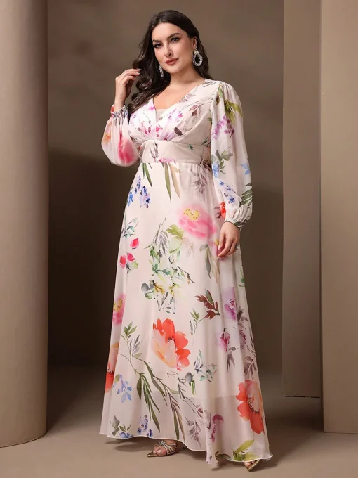 Elegant V-Neck Floral Mesh Plus Size Long Sleeve Dress - Image 5