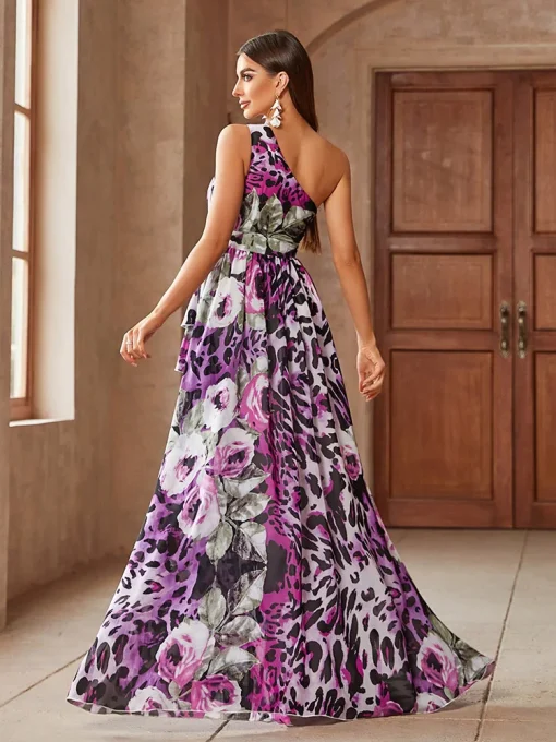 Elegant Asymmetrical Neckline Floral Leopard Print Ball Gown - Image 2