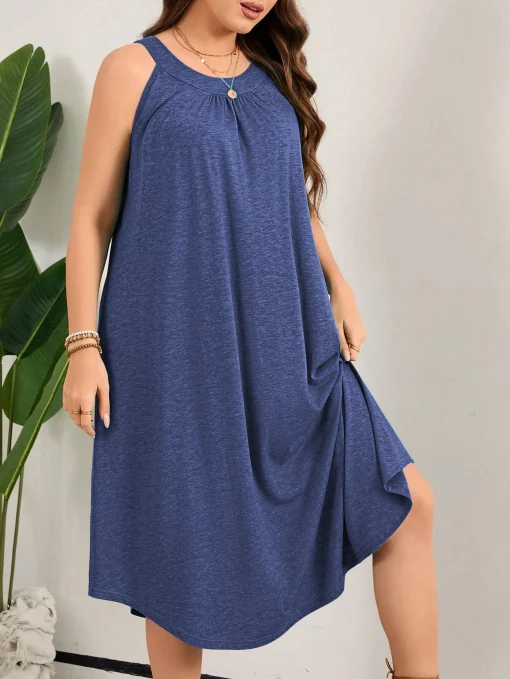 Elegant Plus Size Sleeveless Solid O-Neck Beach Dress - Image 3