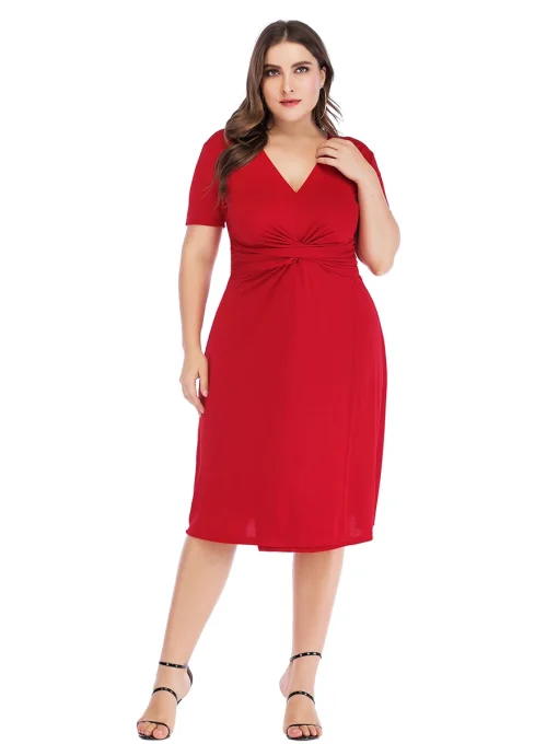 Plus Size V-Neck High Waist Casual Midi Dress - Image 4