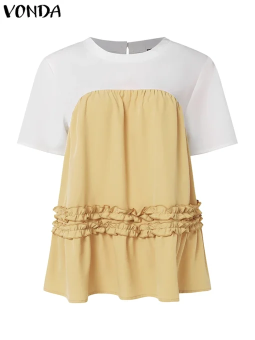 Women's Summer Ruffled Patchwork Short Sleeve Blouse - Image 2