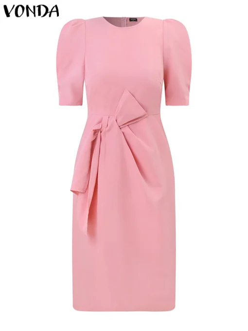 Women’s Elegant Puff Sleeve Solid Color Midi Dress - Image 2