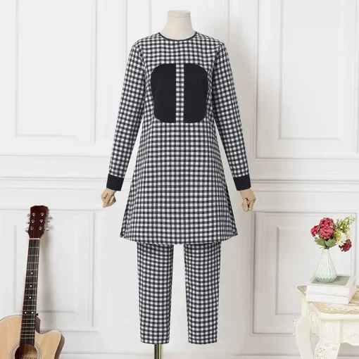 Women’s Elegant Summer Long Sleeve Plaid Pant Set