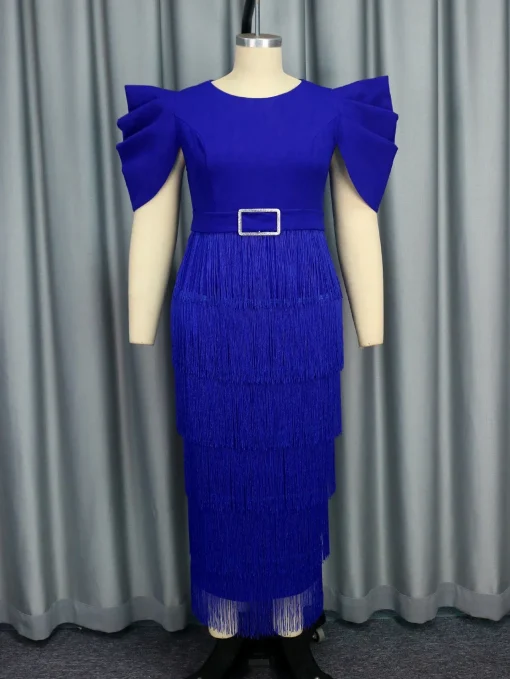 Blue Tassel Patchwork Slim Dress with Puff Sleeves - Image 2