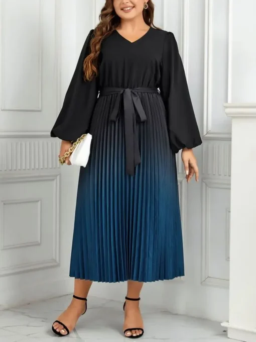 Plus Size Elegant Black Linen Long Sleeve Lace Dress - Image 3