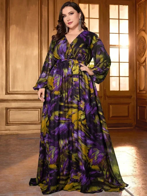 Elegant Plus Size V-Neck Printed Lantern Sleeve Maxi Dress