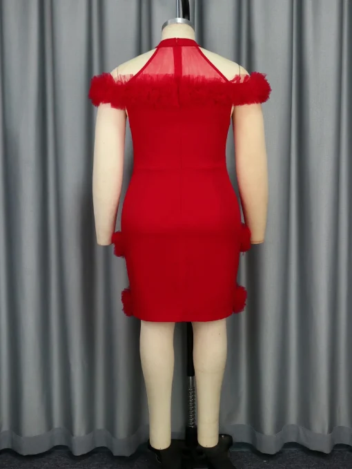 Red Mini Club Dress with Cold Shoulder Mesh Design - Image 3