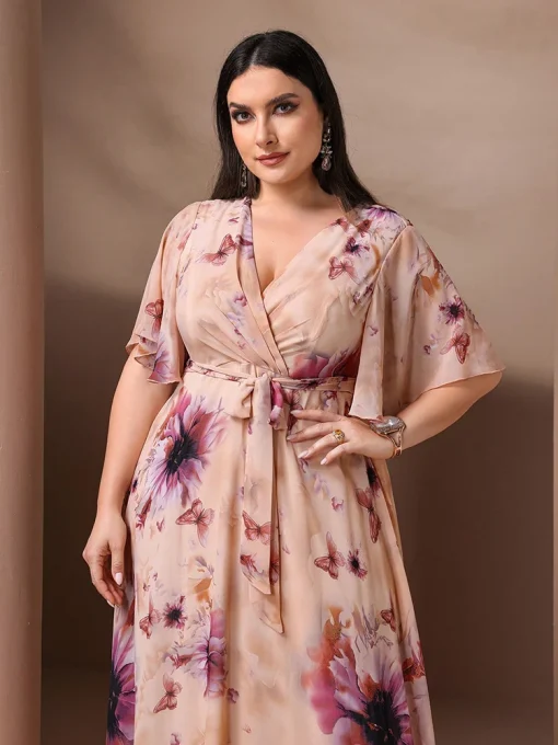 Plus Size Floral Printed Ruffle Sleeve Belted Holiday Dress - Image 3