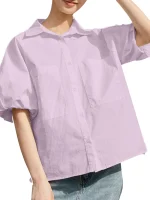 Elegant Loose Blouse with Lapel Neck and Half Sleeves