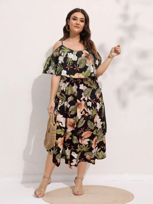 Elegant Plus Size Black Floral Boho Summer Beach Dress