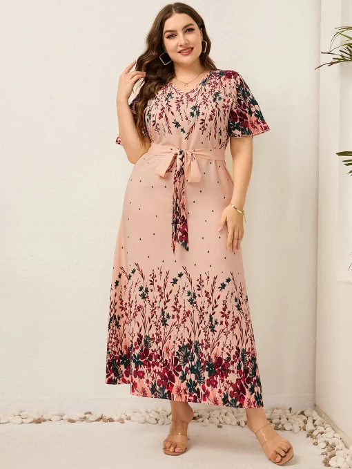 Elegant Plus Size Floral V-Neck Short Sleeve Summer Dress - Image 5