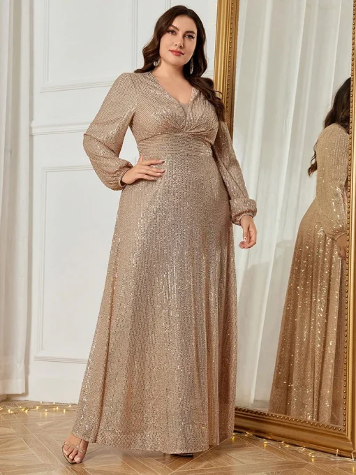 Luxury Plus Size V-Neck Lantern Sleeve Sequin Maxi Dress - Image 3