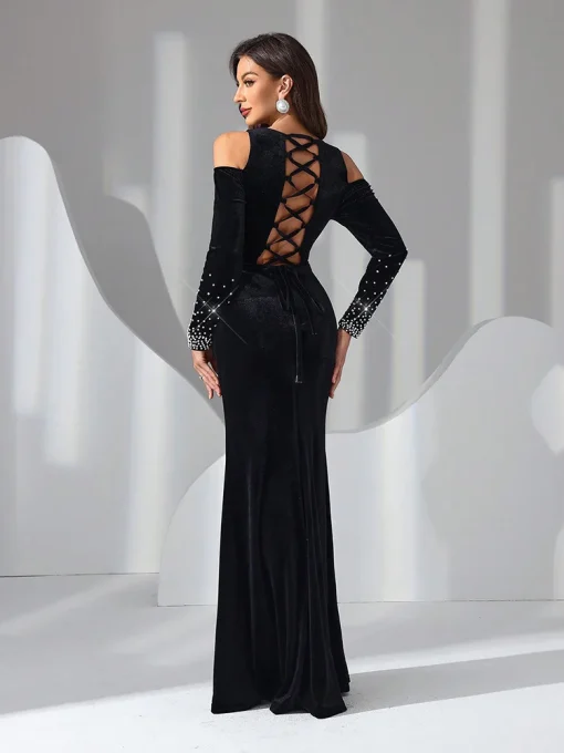 Women's Velvet Bow Tie Backless Evening Prom Maxi Dress - Image 2