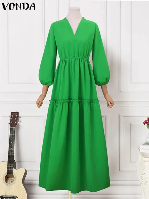 Plus Size Elegant Long Maxi Dress with Lantern Sleeves - Image 3