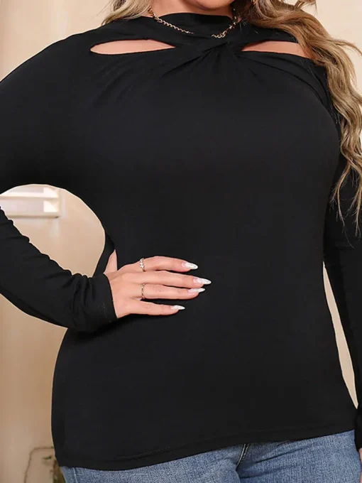 Elegant Plus Size Black Hollow Out Long Sleeve Blouse - Image 4