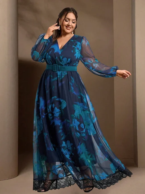 Casual Elegant Plus Size Floral Print Lantern Sleeve Maxi Dress