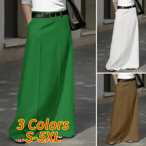 Women’s Elegant High Waist Pleated Maxi Skirt with Pockets