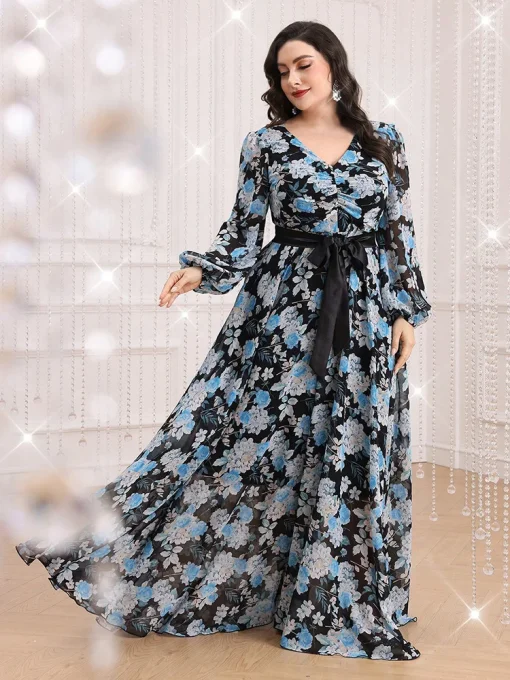 Plus Size Floral Print V-Neck Belted Lantern Sleeve Dress - Image 2