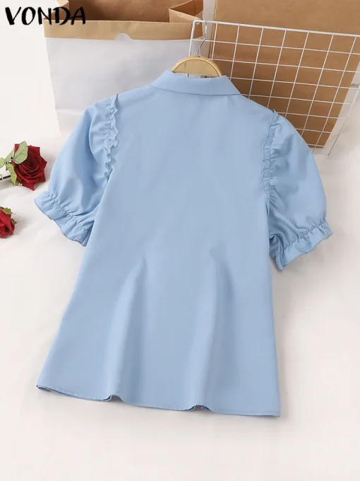 Elegant Solid Color Puff Sleeve Summer Tunic Tops - Image 3