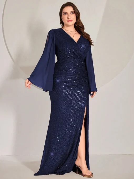 Plus Size Sequin Patchwork Trumpet Sleeve Mermaid Party Dress - Image 3