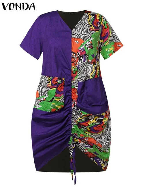 Plus Size Vintage Printed V-Neck Bohemian Summer Party Dress - Image 3