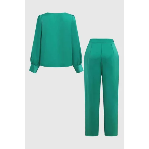 Plus Size Green Satin Wide-Leg Pants Set with Lantern Sleeves - Image 5