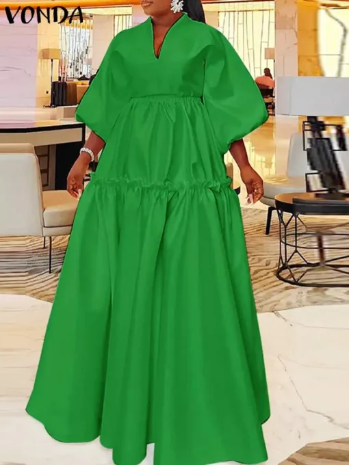 Plus Size Elegant Long Maxi Dress with Lantern Sleeves - Image 2