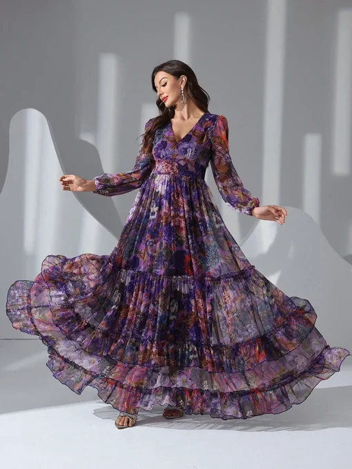 Casual Elegant Boho Floral Print Long Sleeve Maxi Dress - Image 6