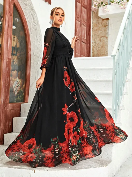 Spring Summer Floral Print Lantern Sleeve Chiffon Maxi Dress - Image 3