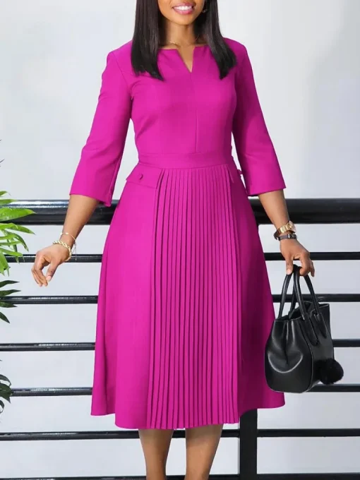 Plus Size Solid Color V-Neck Midi Dress for Women - Image 4