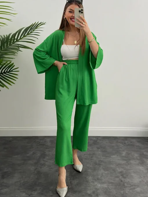 Plus Size Green Shirt and Wide Leg Pants Set