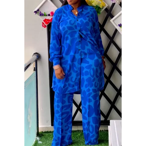 Plus Size Blue Leopard Print Long Sleeve Pant Set - Image 2