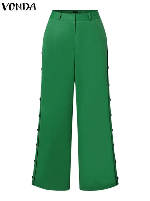 Elegant Wide Leg Office Pants with Button Detail - Image 3