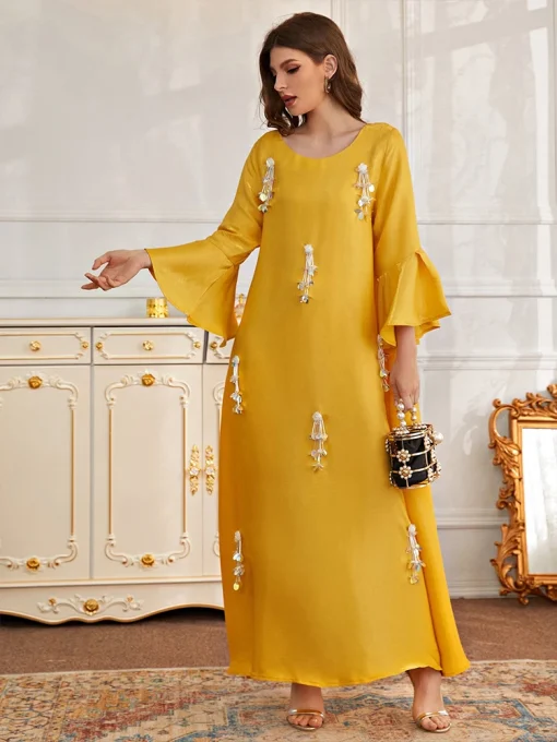 Women's Ankle-Length Beaded Yellow Loose Muslim Toga Dress - Image 6