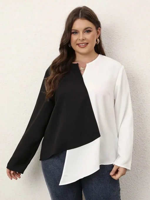 Elegant Plus Size Long Sleeve V-Neck Patchwork Blouse - Image 2