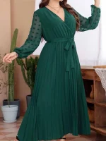 Plus Size Loose V-Neck Long Sleeve Elastic Waist Dress