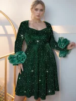 Green Glitter Velvet Long Sleeve Mesh Flower Evening Dress
