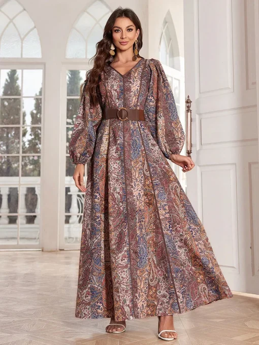 Elegant Arab Style Lantern Sleeve Caftan Paisley Print Dress - Image 2