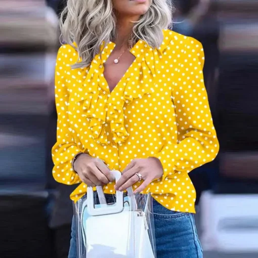 Elegant Ruffle Polka Dot Blouses with Stand Collar