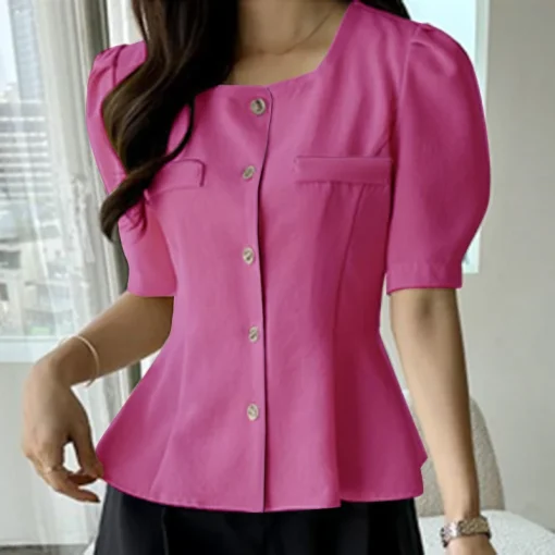 Women Solid Color Square Neck Summer Casual Blouse - Image 4