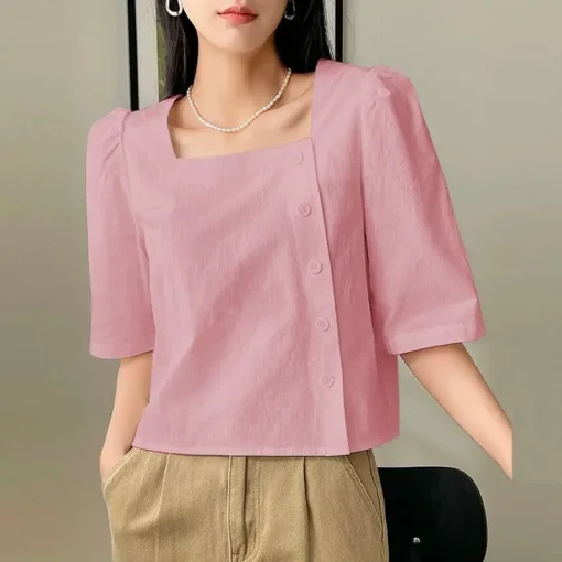 Women’s Summer Tunic Square Collar Puff Sleeve Blouse