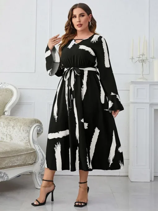 Elegant Plus Size Striped V-Neck Long Sleeve Summer Dress