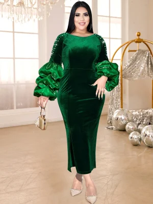 Plus Size Green Velvet Evening Dress with Beading