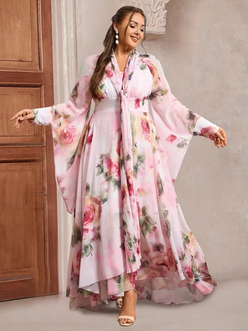 Plus Size Floral Print Long Sleeve Maxi Party Dress